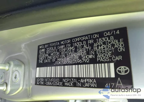 2014 Toyota Yaris L (Tmc/Cbu Plant) z USA, uszkodzony, nr VIN JTDKTUD36ED596792